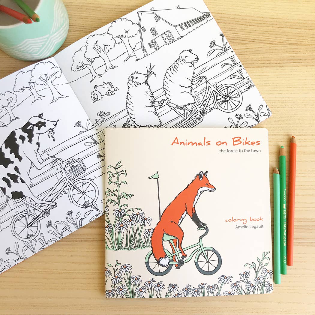 Amelie Legault Illustration Coloring Book - Animals on Bikes From the Forest to the Town