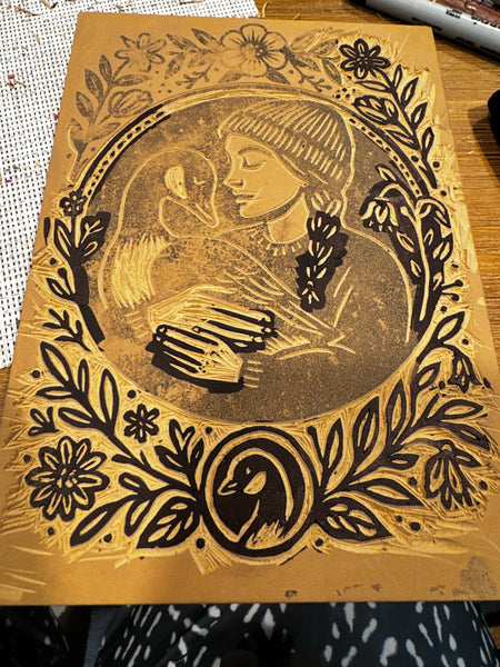 Goose Mother Linocut Print 5x7