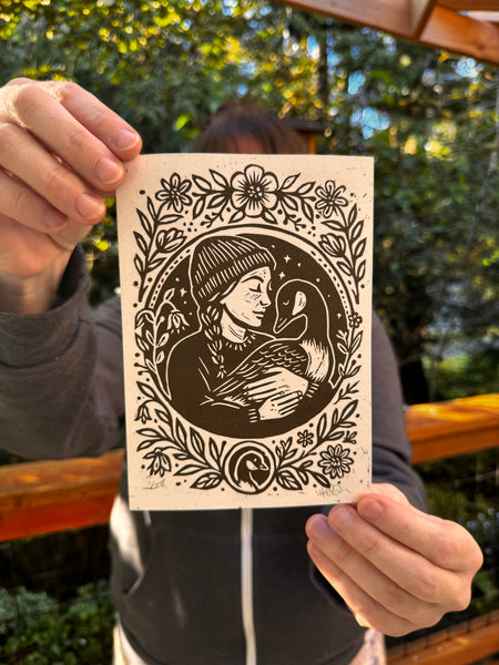Goose Mother Linocut Print 5x7